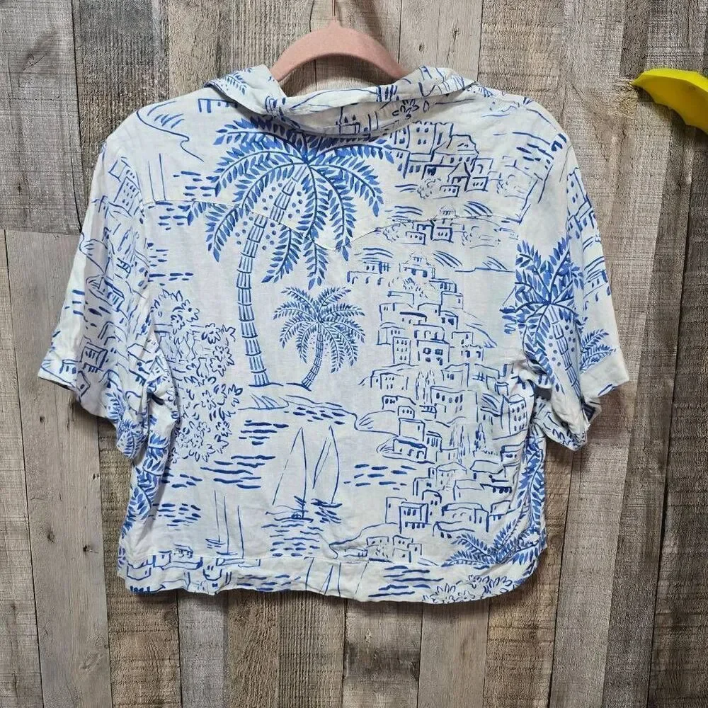 Calypso St Barth White and Blue Linen Blend Scenic Print Cityscape Crop Top
